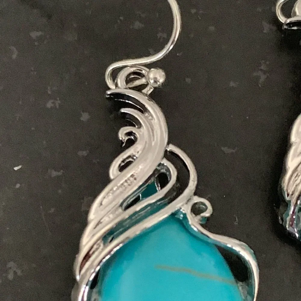 Western Southwestern Silver & Faux Turquoise Color Drop Earrings